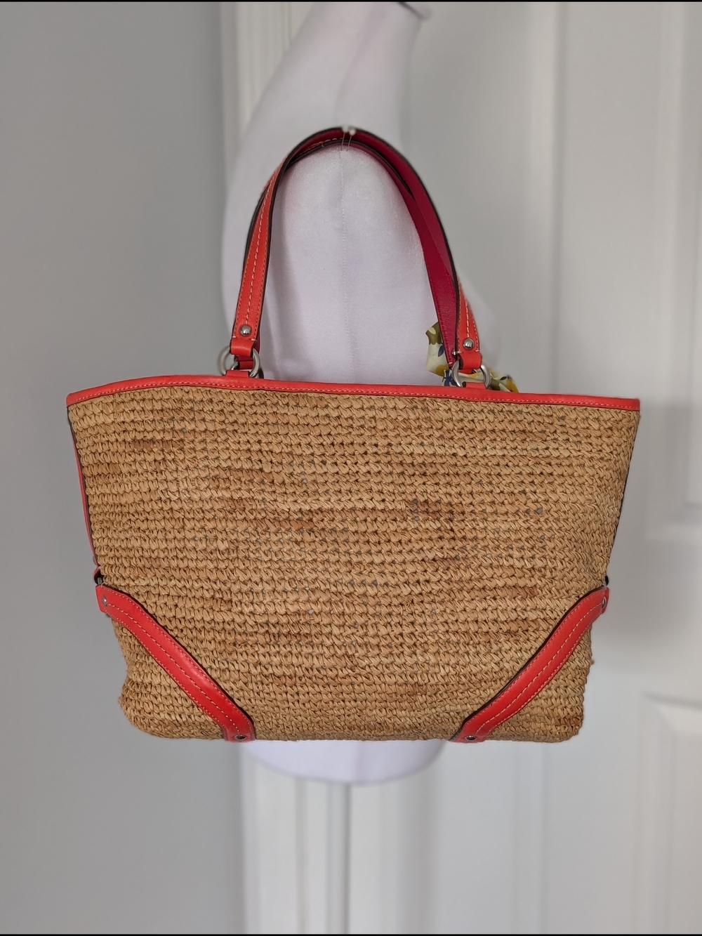 Coach Legacy Raffia Tote with Coral Leather Trim and Matching Wristlet - Picture 3 of 13